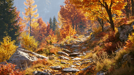 Fototapeta premium 秋の紅葉に包まれた岩場の小道