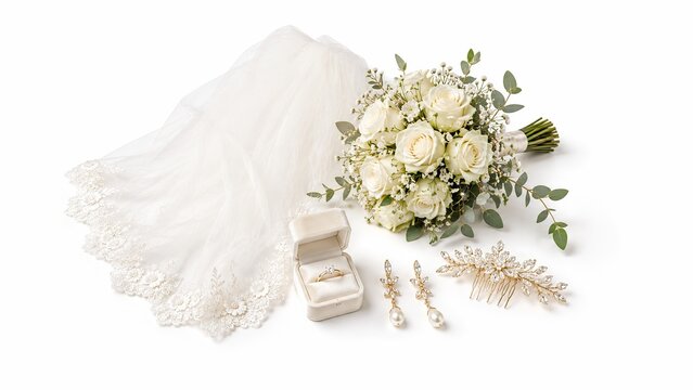 Premium bridal accessories flat lay with veil, ring, earrings and mini bouquet isolated on white background