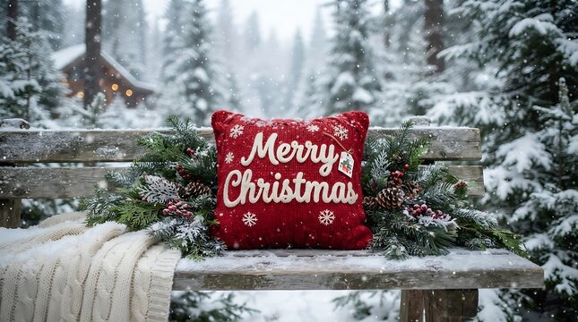 Red merry christmas pillow on snow covered wooden bench outdoors winter