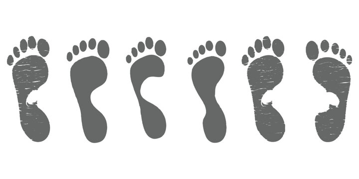 Set of grey grunge human footprints textured step paths graphic design elements vector illustration background.