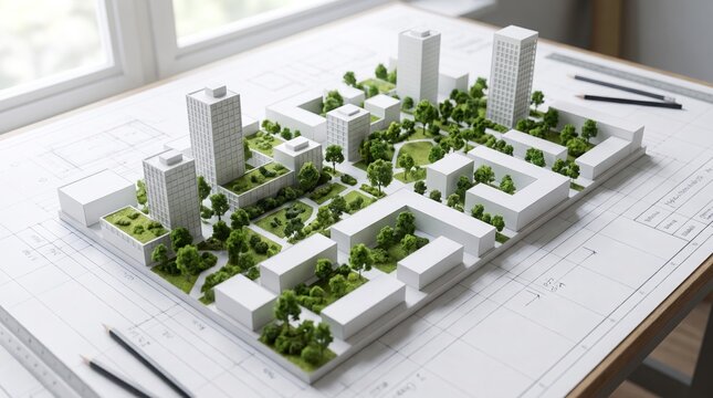 Detailed architectural scale model featuring white miniature skyscraper buildings nestled among lush green trees on top of technical blueprinted paper