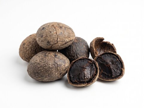 Group of whole and cracked black keluak nuts or kepayang seeds on a clean white background, traditional Indonesian spice ingredient used for rawon soup