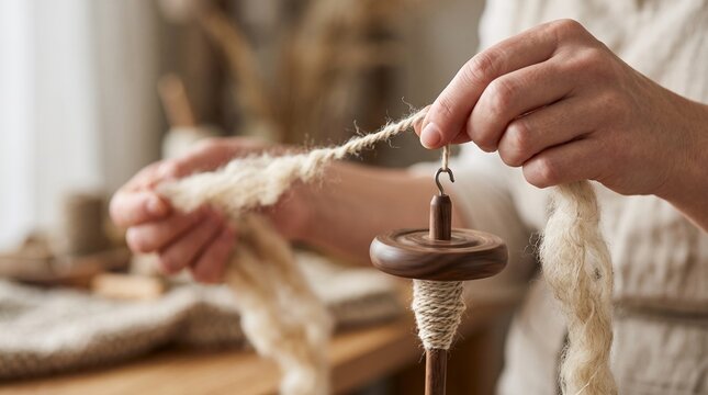 Woman spinning wool yarn with a drop spindle in a cozy workshop  