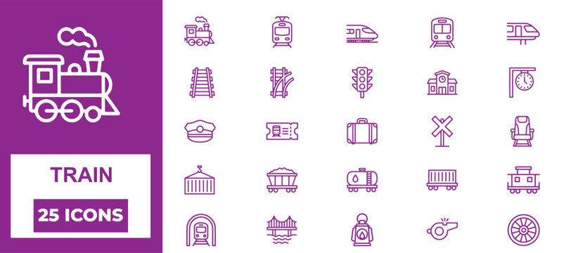 Collection of twenty-five purple outline train and railway transportation set on a white background, for travel and logistics