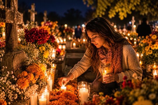 Besinnliches Totengedenken zu Todos los Santos: Eine junge Frau entz&uuml;ndet Kerzen zwischen leuchtenden Blumen an einem Grab und schafft eine warme, stille Atmosph&auml;re bei Nacht.