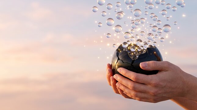 Gentle human hands holding cracked obsidian sphere dissolving into iridescent bubbles, emotional catharsis releasing trauma psychological metaphor against soft pastel morning sky with copy space  