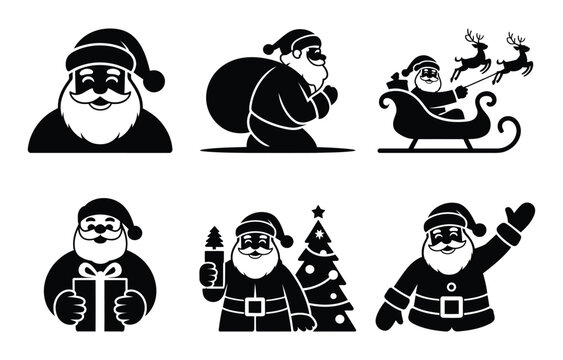 Santa Claus Christmas Vector Icon Set Silhouette Black Holiday Logo