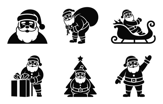 Santa Claus Christmas holiday black white vector silhouette icon set