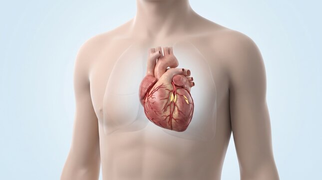 Coronary artery disease shown inside semi-transparent upper torso with narrowed coronary vessels and plaque buildup around the heart in premium clinical CGI visualization.