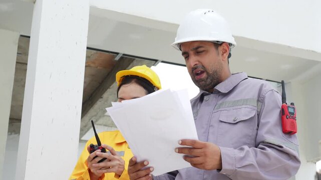 Construction inspectors and engineer discussing project details at an unfinished building site, teamwork, communication, safety compliance, site supervision, safety, construction project management.
