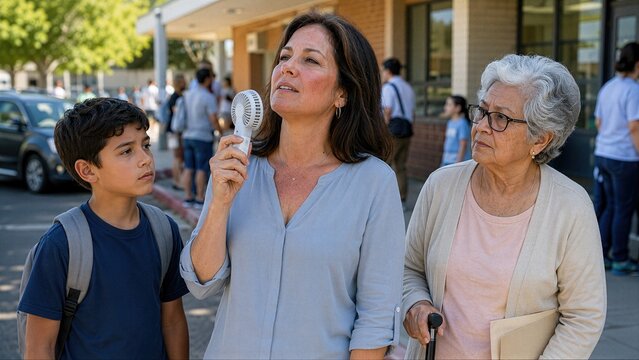 School pickup scene shows woman managing sudden menopause heat while supporting younger and older family members through ordinary multigenerational caregiving routine today.