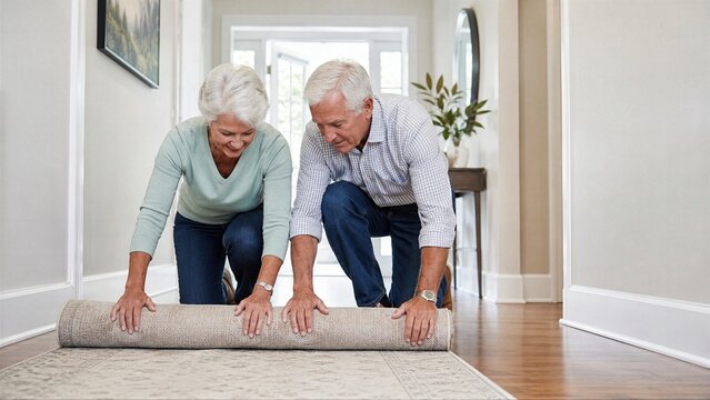 Hallway hazard removal becomes instantly readable as older couple rolls up unstable rug, linking safer mobility, home adaptation and aging in place planning.