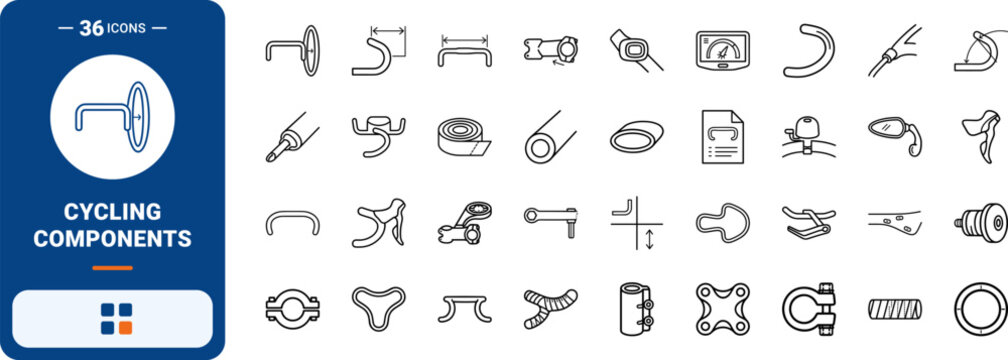 Road Bike Drop Bars line icon set. Vector pictograms of bicycle, handlebar, cycling, and component elements, thin linear illustration.