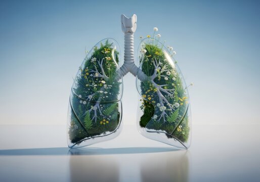Human lungs made of glass filled with flowers and plants