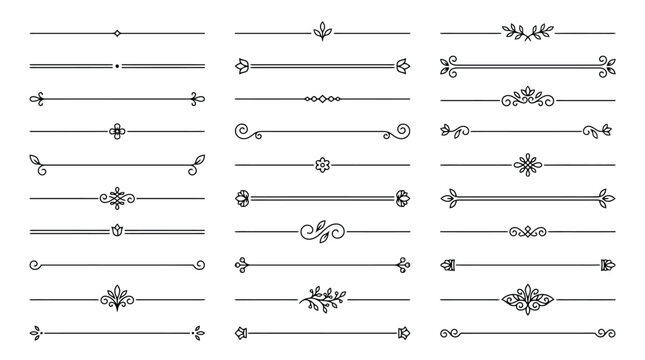 Vintage decorative dividers and ornamental line borders, 27 elegant filigree text separators, black vector flourishes for wedding invitations