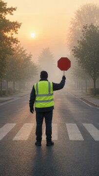 Crossing guard wearing reflective vest holds stop sign while standing on a crosswalk in a foggy street at sunrise with trees lining the road