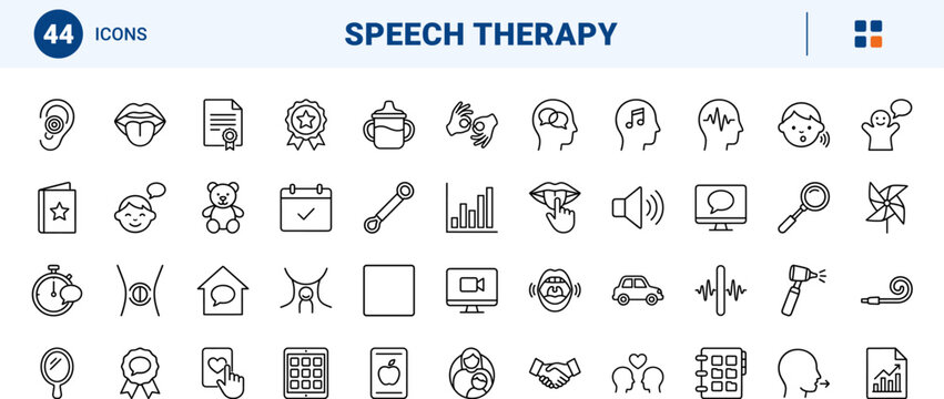 Pediatric Speech Therapy line icon set. Vector pictograms of articulation, language, therapy, and communication elements, thin linear illustration.