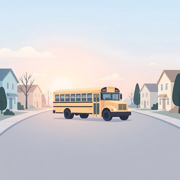 Yellow school bus driving on a suburban street