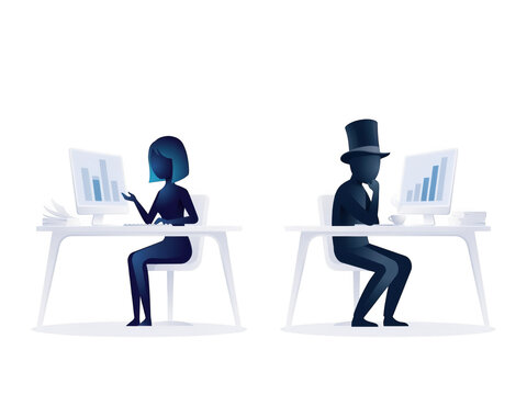 Two faceless digital workers analyze data charts on computer screens in a dark room