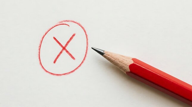 Red pencil with large red crossed out mark on white paper indicating error or rejection.