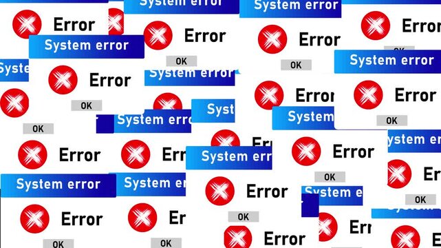 System error warning messages with red alert icons and blue notification banners creating chaotic computer malfunction concept for cyber secure, software troubleshooting, technology  .