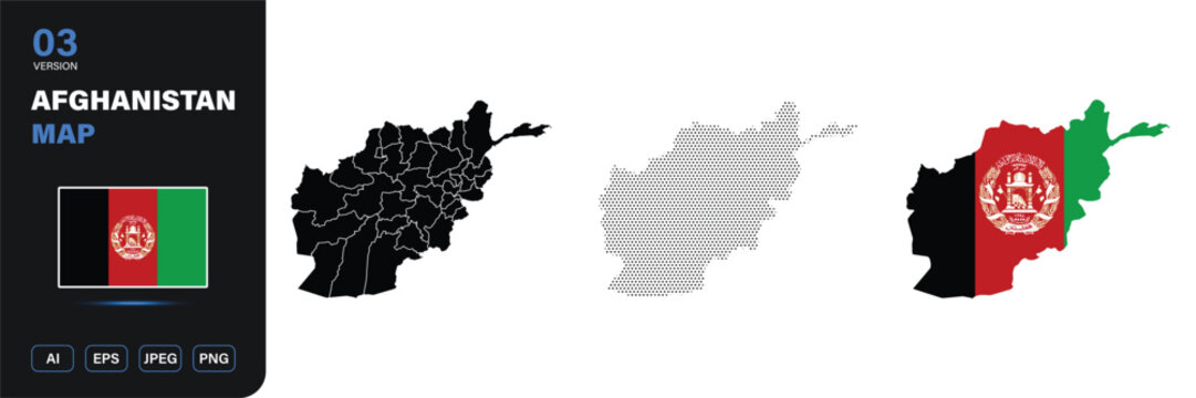 Afghanistan map flag province halftone editable vector set