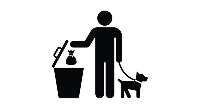Minimalist vector graphic illustration of person disposing dog waste in bin with pet on leash