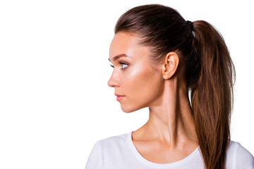 Fototapeta premium Close up side profile view photo amazing beautiful she her lady perfect appearance look side empty space not smiling reliable person wear casual white t-shirt clothes isolated grey background