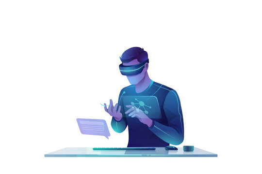 A digital artist wearing a virtual reality headset interacting with glowing holographic data interfaces