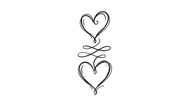Two interconnected hearts black line silhouette on white background