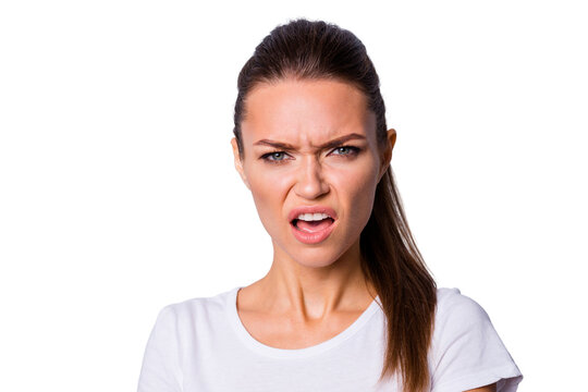 Close up photo amazing beautiful she her lady not fear situation epic fail bad mood grimacing deny fault guilty sorry stress wear casual white t-shirt clothes isolated grey background