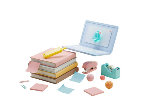 A 3D Rendered Educational Workspace With A Laptop Books Stationery And Floating Notification Icons