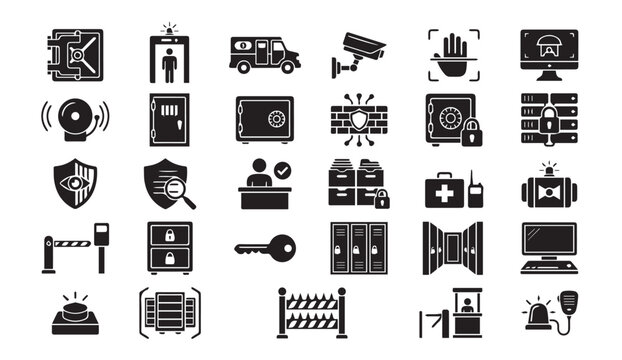 Security and surveillance system icons with access control, security guard