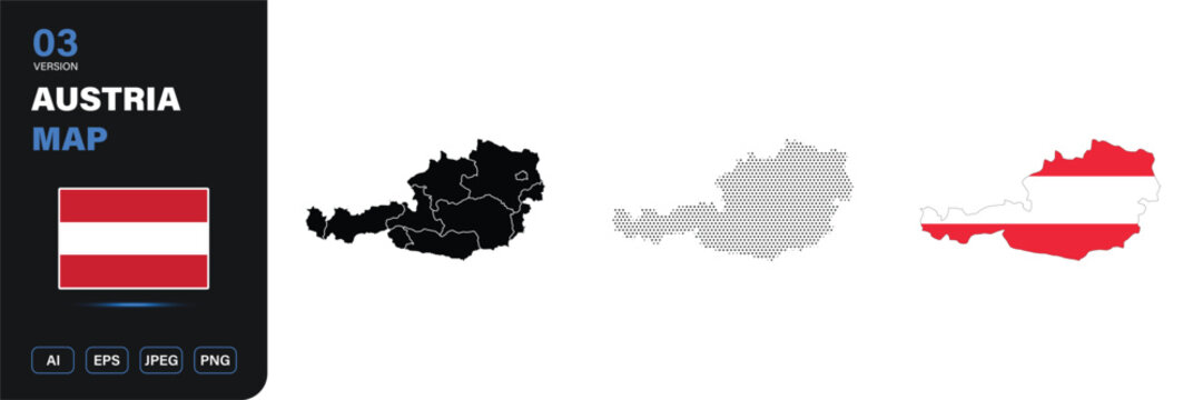 Austria map flag state halftone editable vector set