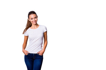 Fototapeta premium Close up photo beautiful amazing she her lady hands arms denim pants pockets self-confident easy-going reliable business person wondered look wear casual white t-shirt isolated grey background