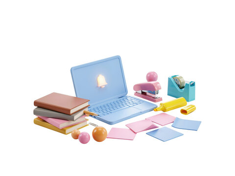 A 3D rendered workspace featuring a blue laptop surrounded by colorful stationery and books