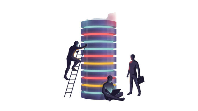 Silhouetted figures working on a glowing futuristic data tower against a deep black background