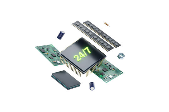 A high-tech digital processor chip displaying the glowing text 24/7 surrounded by electronic components