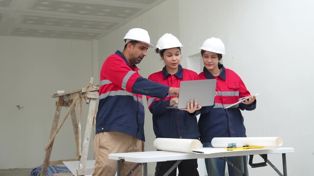 Construction inspectors and engineer discussing project details at an unfinished building site, teamwork, communication, safety compliance, site supervision, safety, construction project management.