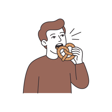 Young man enjoying a delicious salty pretzel snack vector illustration