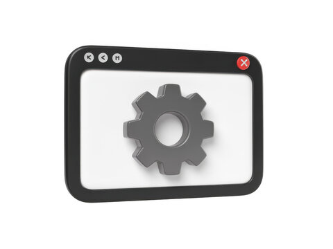 A sleek 3D rendered computer window interface featuring a central metallic gear settings icon
