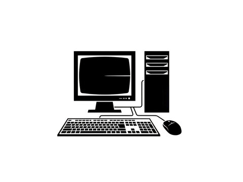 A minimalist white outline illustration of a vintage desktop computer setup on black background