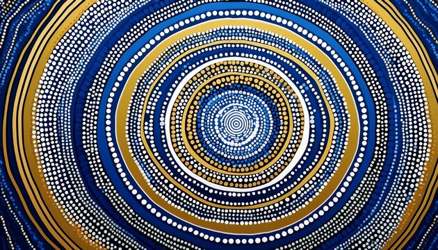 aboriginal dot painting concentric circle design in blue white and gold
