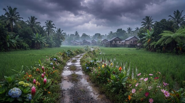Muddy path lined with tropical flowers through rice fields to stilt village under stormy sky 3D illustration