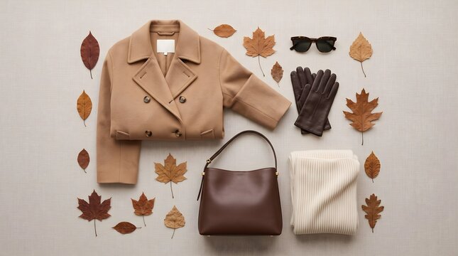 Overhead view of cozy autumn fashion outfit with beige coat, brown leather bag, and fallen leaves.