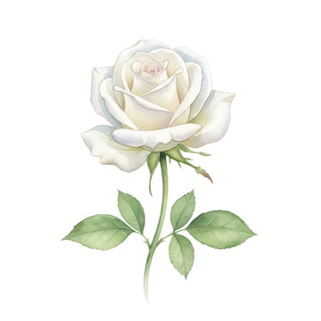 A single transparent rose with delicate unfurling petals and lush green leaves, painted in watercolor style against a transparent minimalist background, peaceful purity and serene contemplation