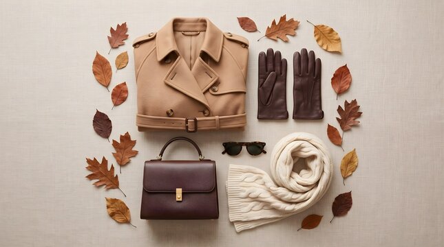 Flat lay of autumn clothes including beige trench coat, leather gloves, and dark handbag surrounded by leaves.