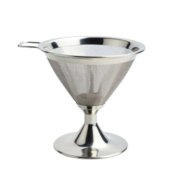 A stainless steel strainer on a stand, ideal for cooking and serving pasta, rice, or other dishes