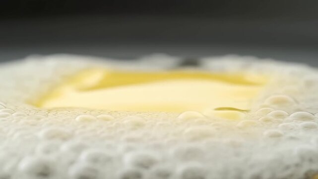 Slow motion tracking shot of butter pat melting and sizzling on hot griddle pan surface in kitchen close up