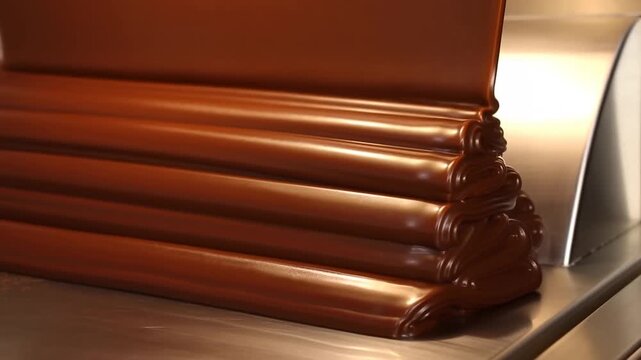 Slow motion close up pan of molten chocolate extruding and folding into glossy layered ribbon on stainless conveyor in confectionery kitchen